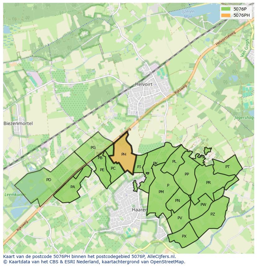 Afbeelding van het postcodegebied 5076 PH op de kaart.