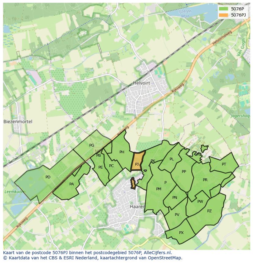 Afbeelding van het postcodegebied 5076 PJ op de kaart.
