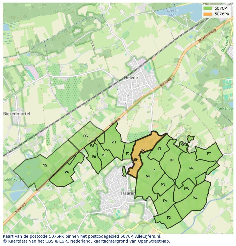 Afbeelding van het postcodegebied 5076 PK op de kaart.