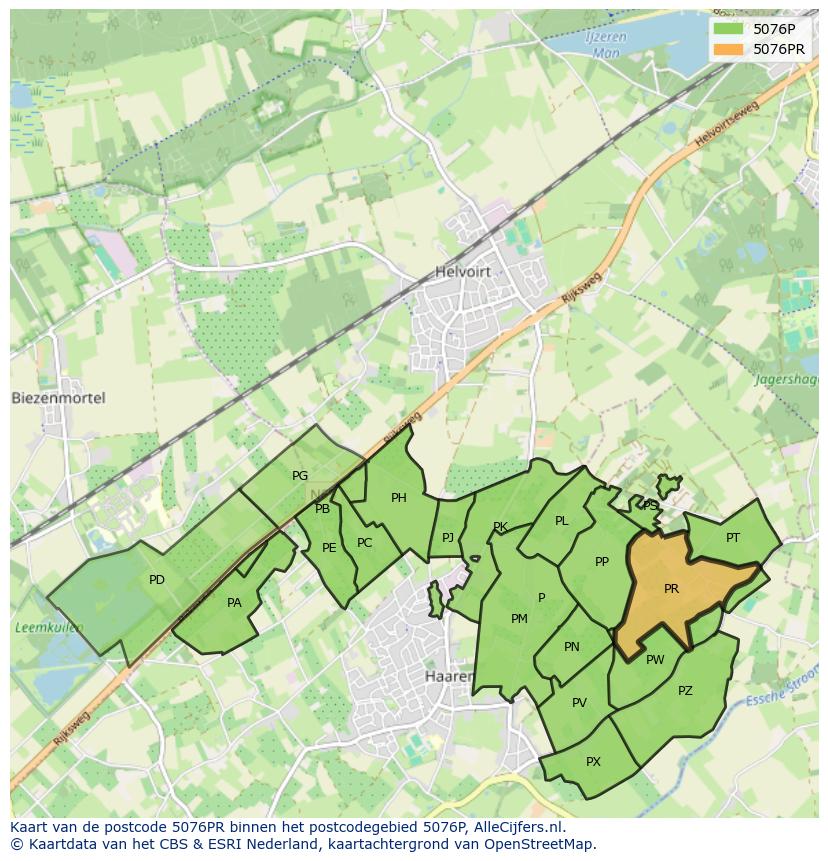 Afbeelding van het postcodegebied 5076 PR op de kaart.