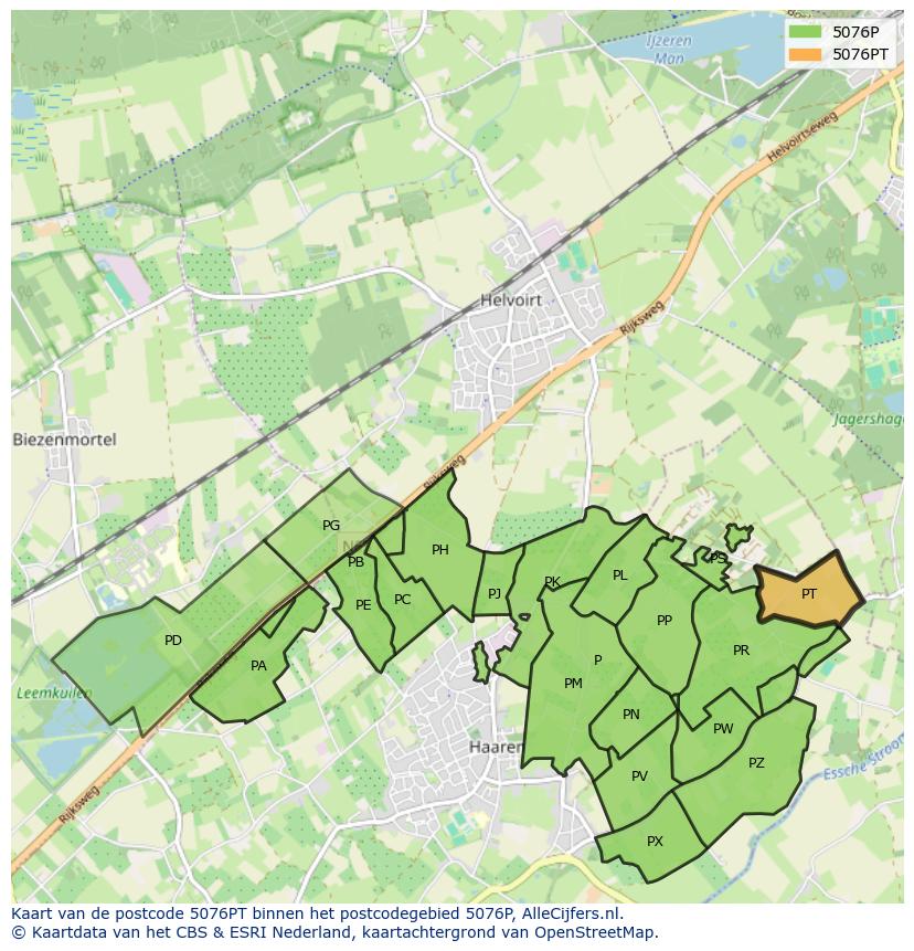 Afbeelding van het postcodegebied 5076 PT op de kaart.