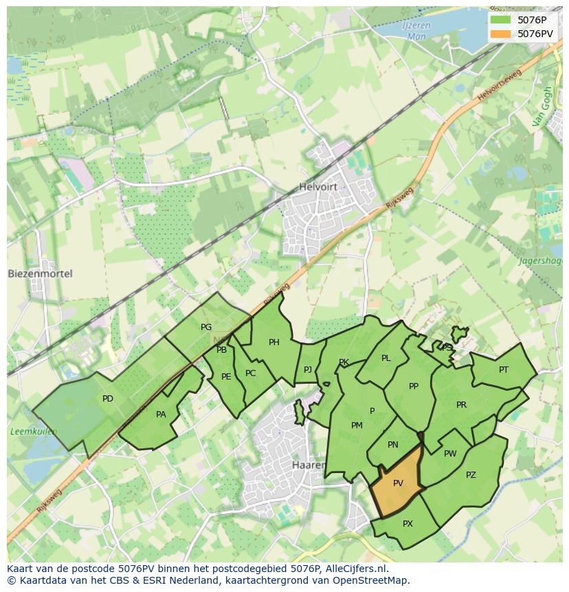 Afbeelding van het postcodegebied 5076 PV op de kaart.