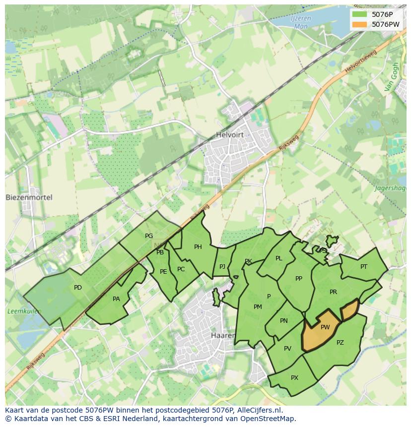 Afbeelding van het postcodegebied 5076 PW op de kaart.