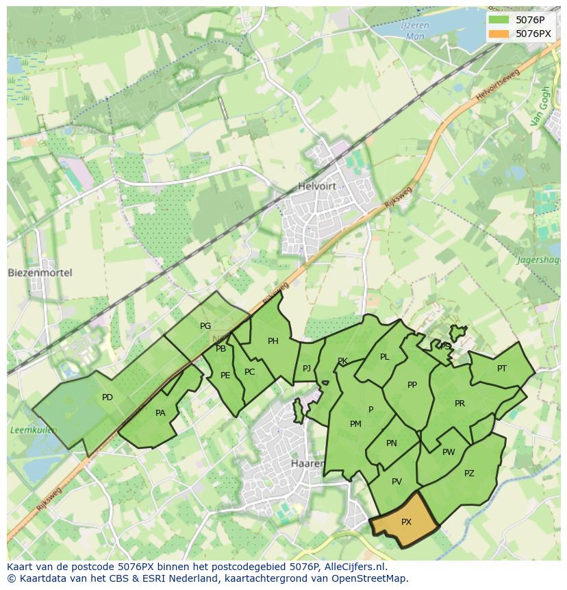 Afbeelding van het postcodegebied 5076 PX op de kaart.