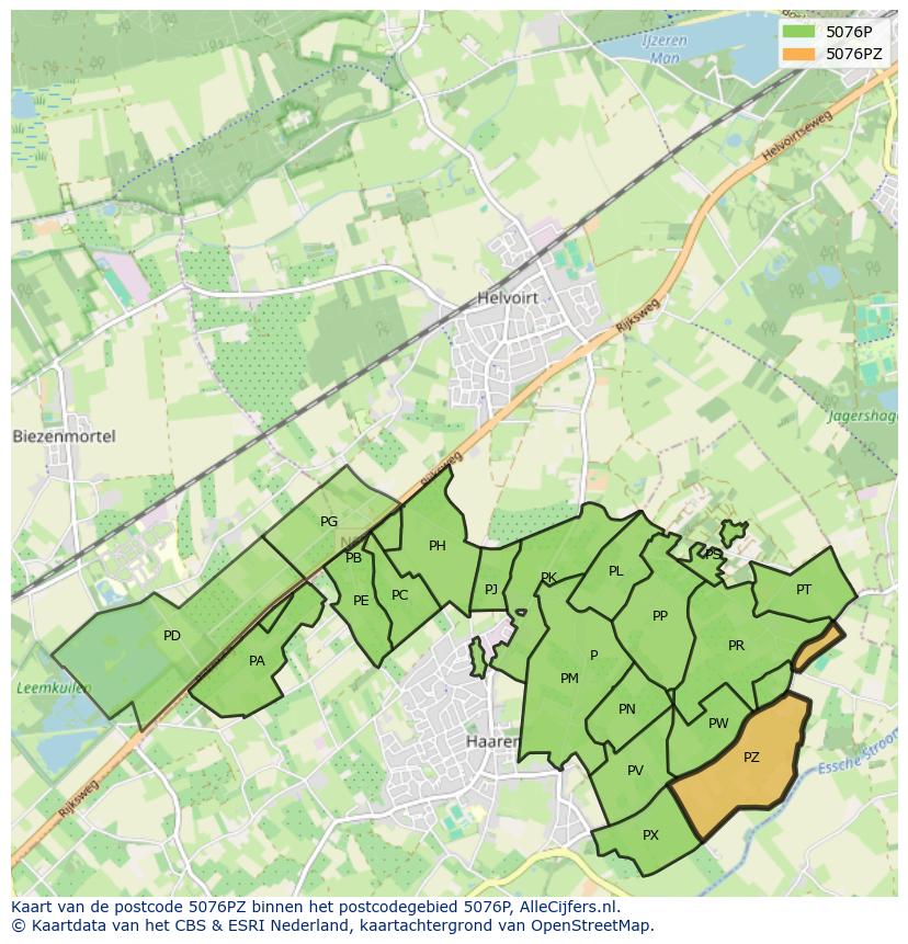 Afbeelding van het postcodegebied 5076 PZ op de kaart.