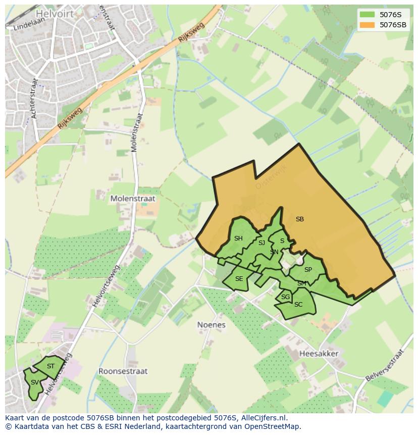 Afbeelding van het postcodegebied 5076 SB op de kaart.