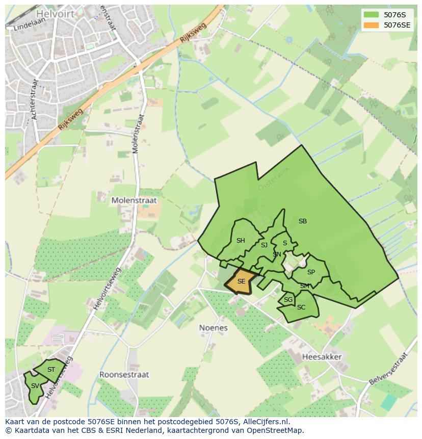 Afbeelding van het postcodegebied 5076 SE op de kaart.