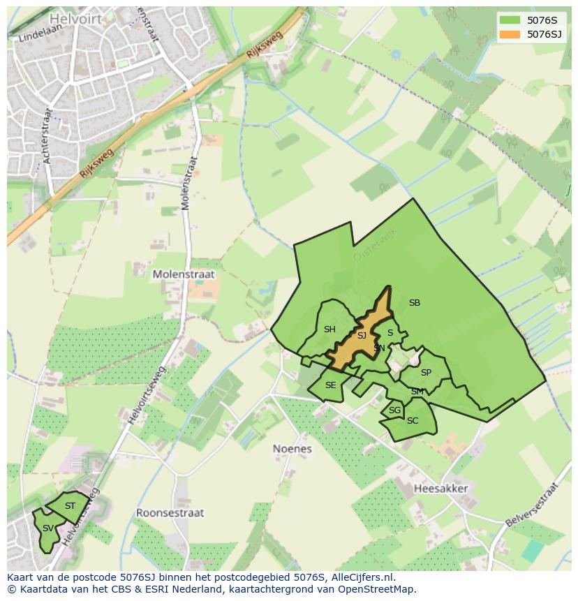 Afbeelding van het postcodegebied 5076 SJ op de kaart.
