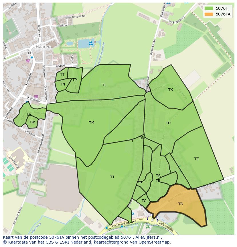 Afbeelding van het postcodegebied 5076 TA op de kaart.