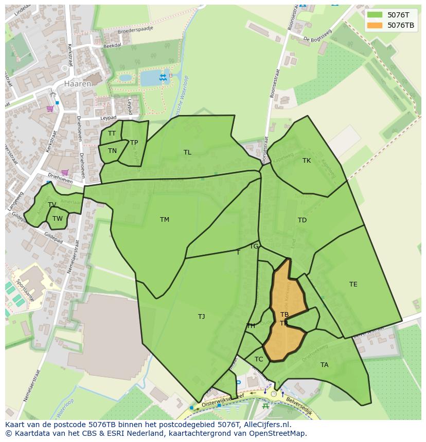 Afbeelding van het postcodegebied 5076 TB op de kaart.