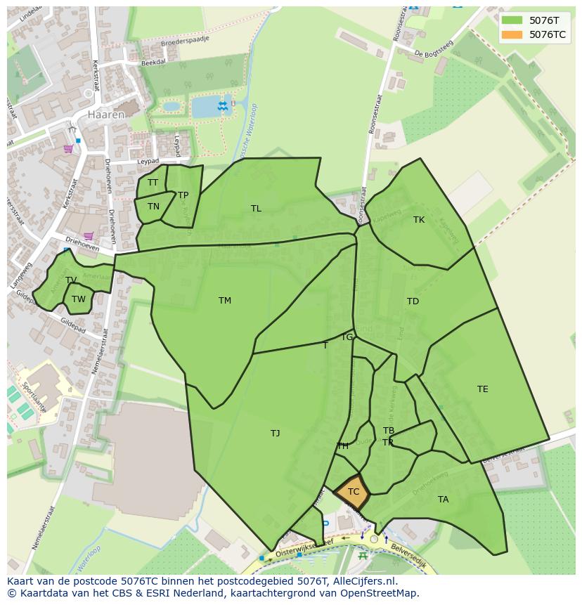 Afbeelding van het postcodegebied 5076 TC op de kaart.