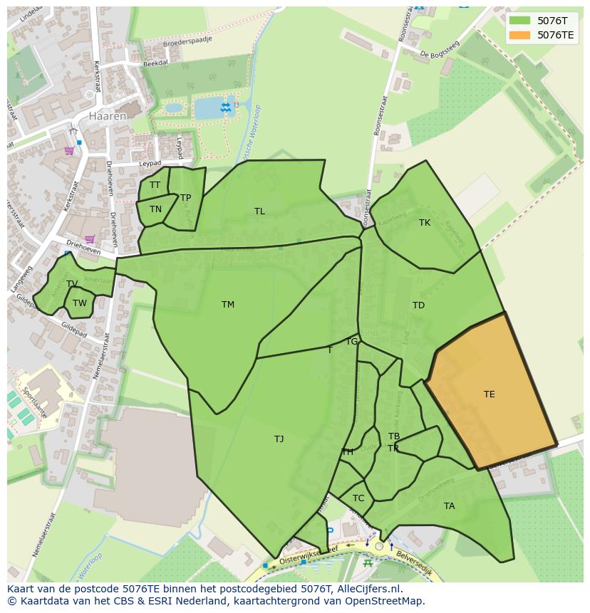 Afbeelding van het postcodegebied 5076 TE op de kaart.
