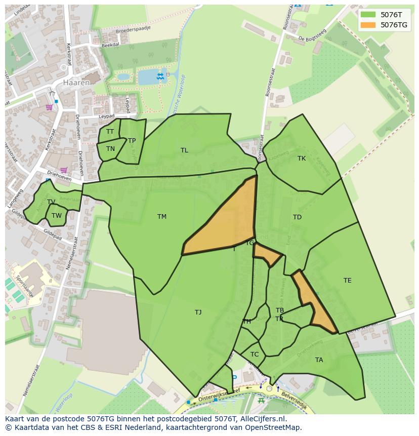 Afbeelding van het postcodegebied 5076 TG op de kaart.