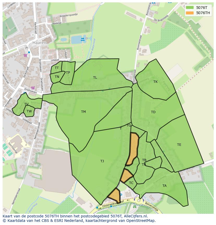 Afbeelding van het postcodegebied 5076 TH op de kaart.