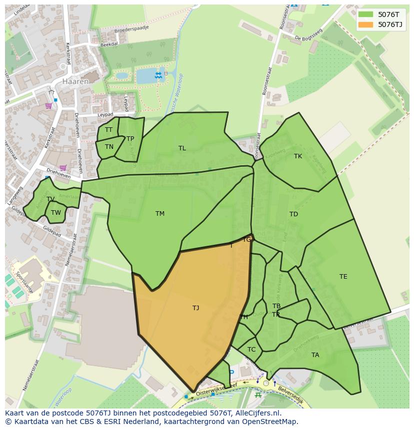 Afbeelding van het postcodegebied 5076 TJ op de kaart.