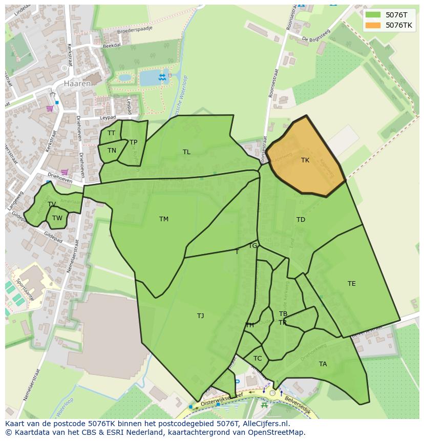 Afbeelding van het postcodegebied 5076 TK op de kaart.