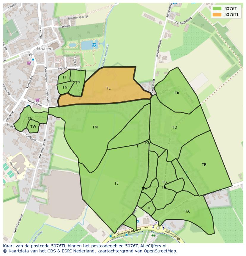 Afbeelding van het postcodegebied 5076 TL op de kaart.