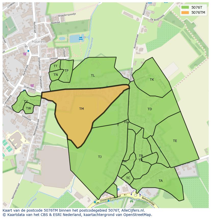 Afbeelding van het postcodegebied 5076 TM op de kaart.