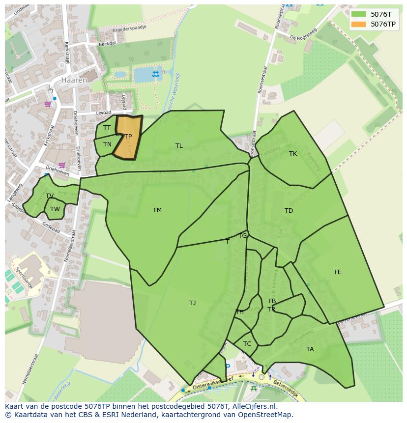 Afbeelding van het postcodegebied 5076 TP op de kaart.