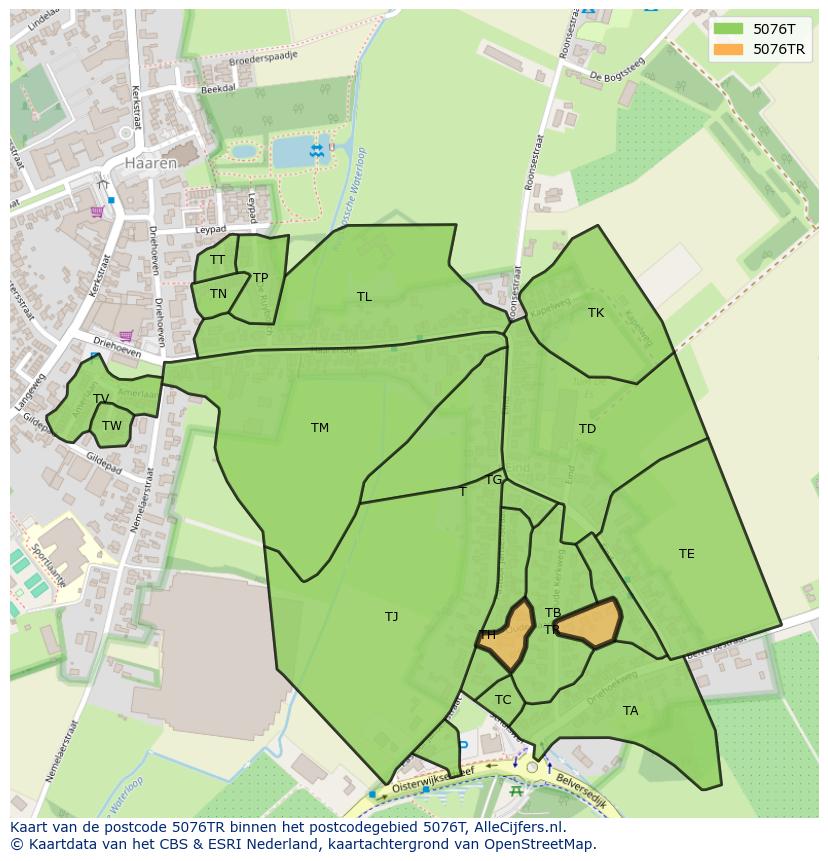 Afbeelding van het postcodegebied 5076 TR op de kaart.