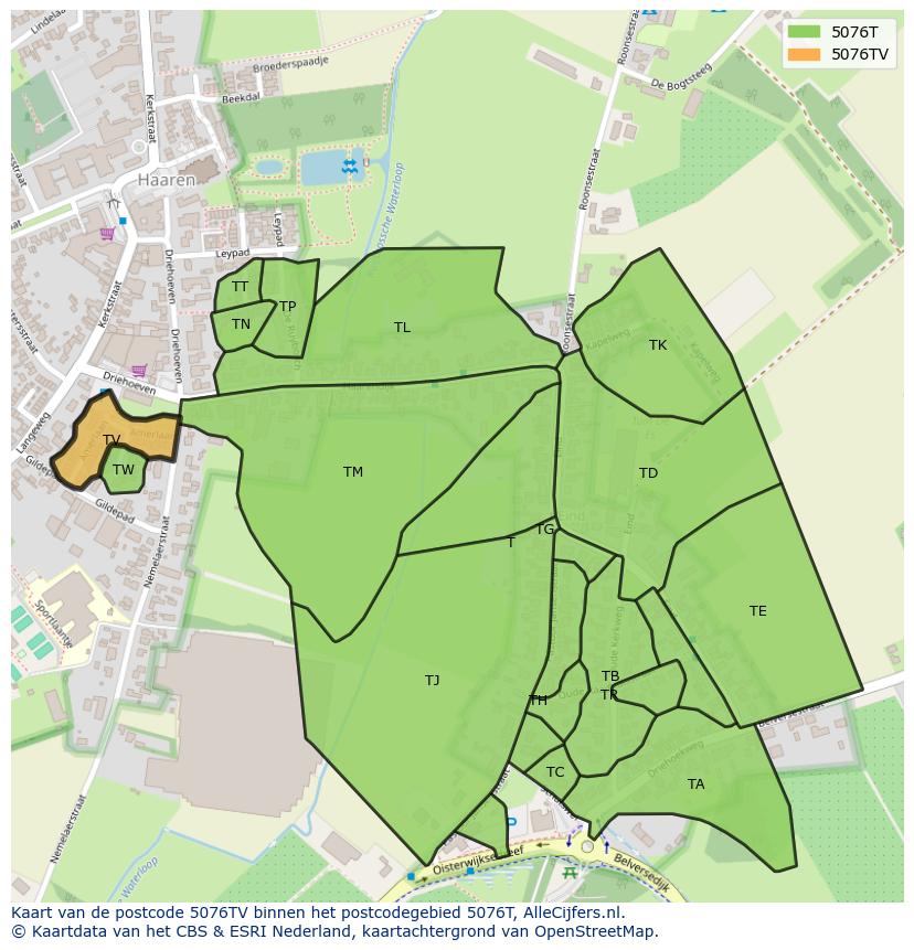 Afbeelding van het postcodegebied 5076 TV op de kaart.