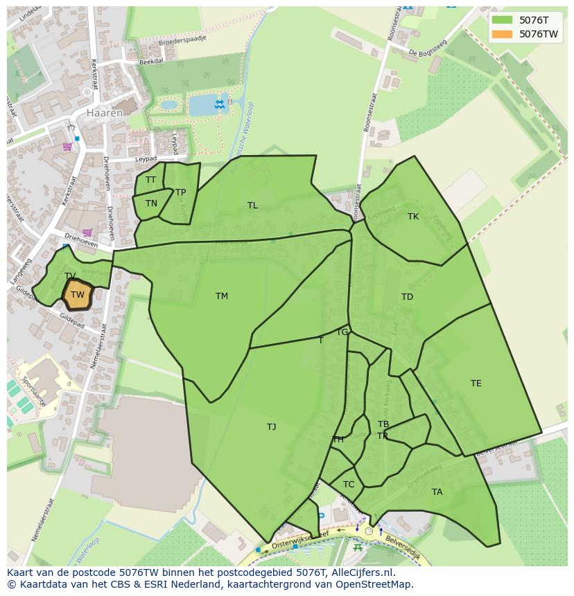 Afbeelding van het postcodegebied 5076 TW op de kaart.