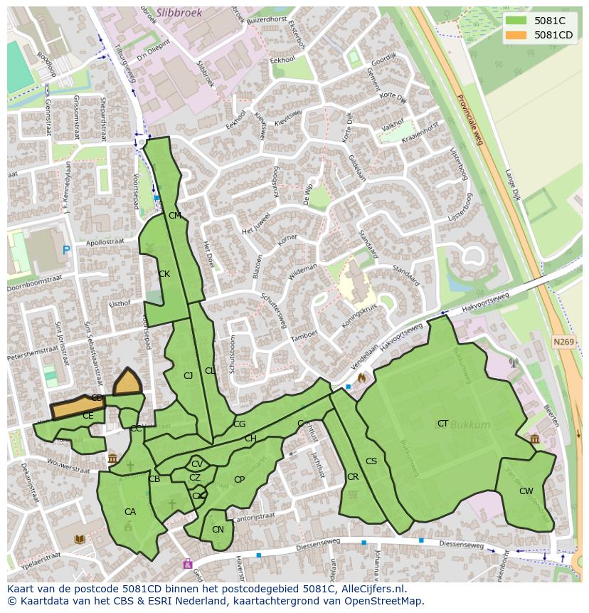 Afbeelding van het postcodegebied 5081 CD op de kaart.