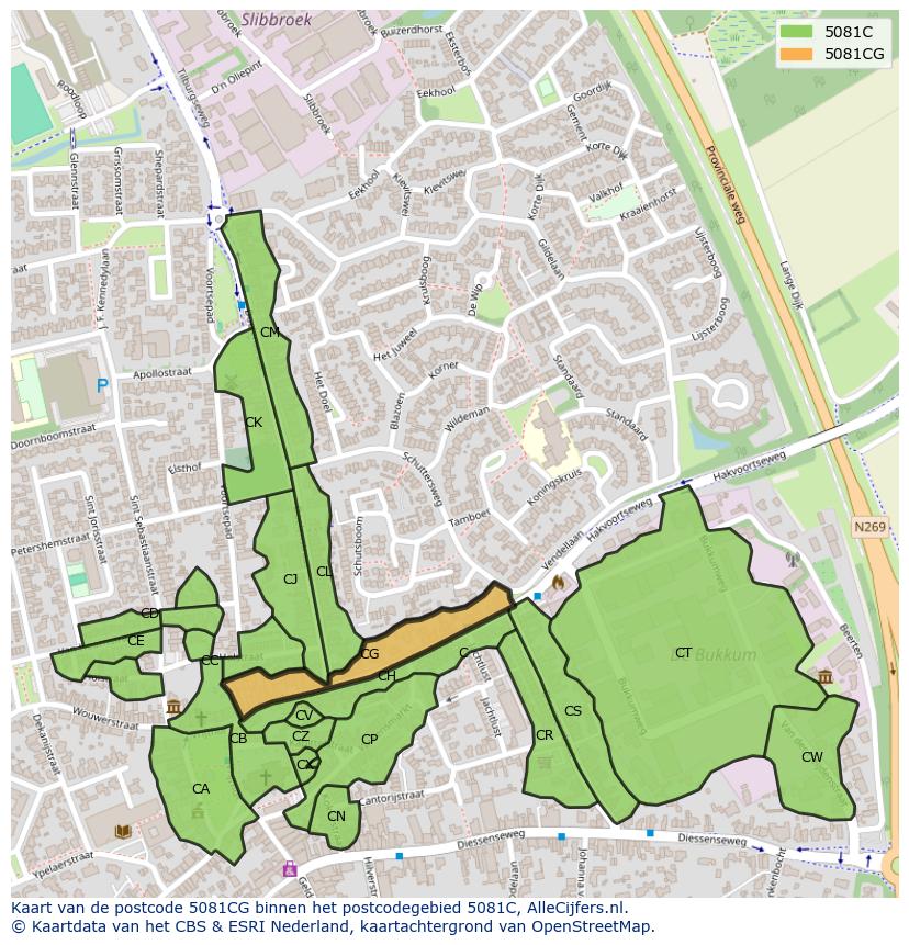 Afbeelding van het postcodegebied 5081 CG op de kaart.