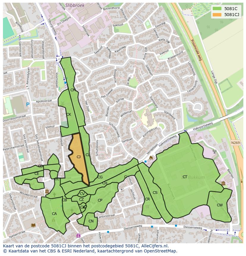 Afbeelding van het postcodegebied 5081 CJ op de kaart.