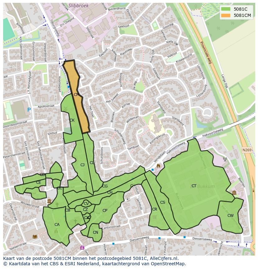 Afbeelding van het postcodegebied 5081 CM op de kaart.