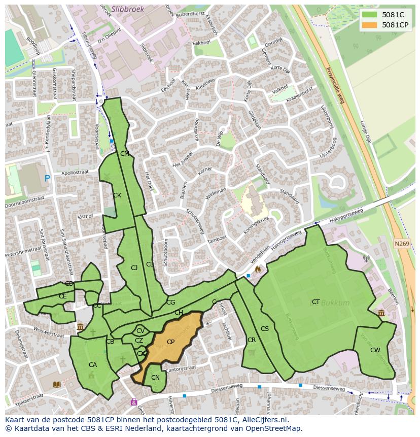 Afbeelding van het postcodegebied 5081 CP op de kaart.