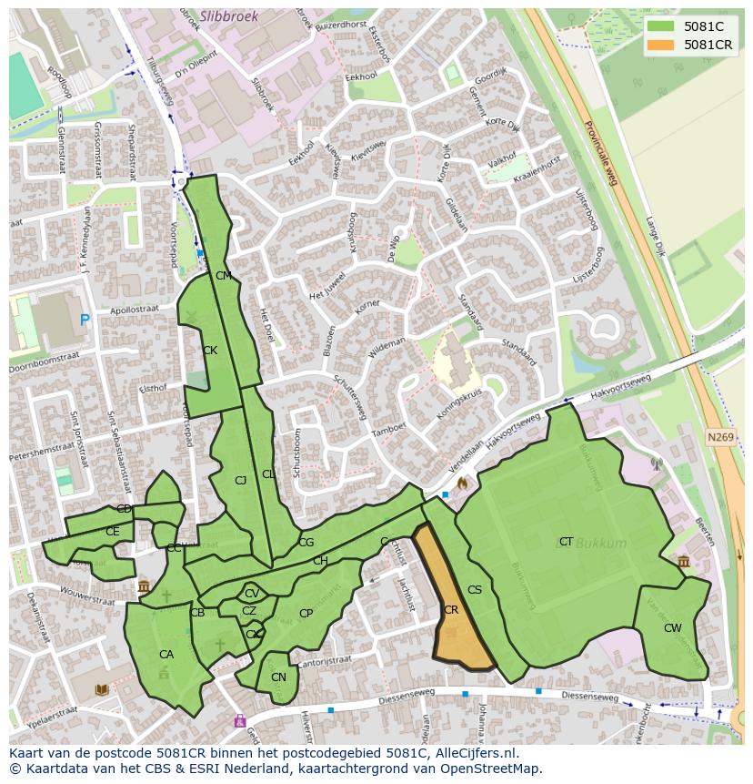 Afbeelding van het postcodegebied 5081 CR op de kaart.
