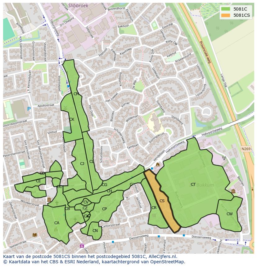 Afbeelding van het postcodegebied 5081 CS op de kaart.