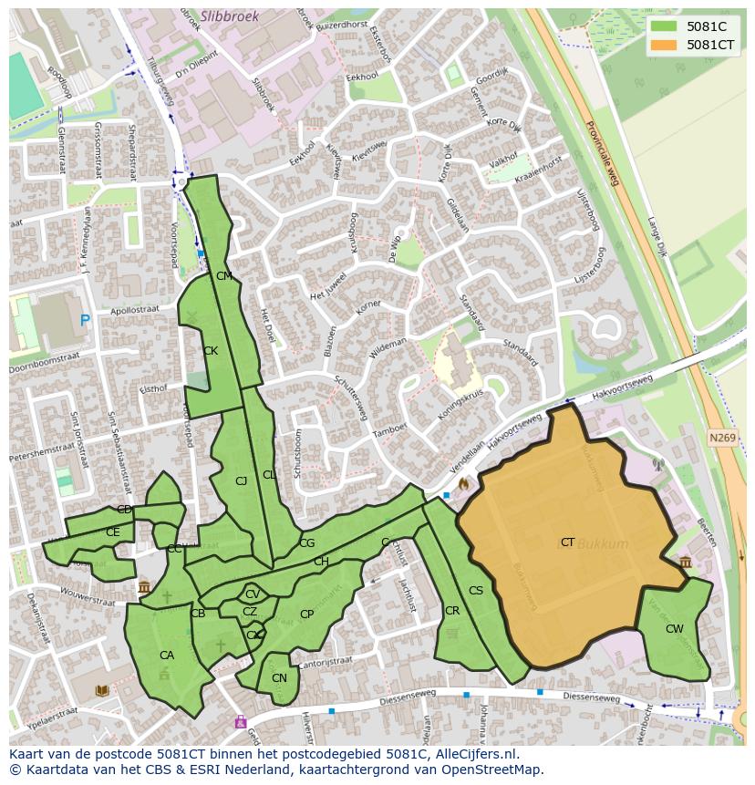 Afbeelding van het postcodegebied 5081 CT op de kaart.