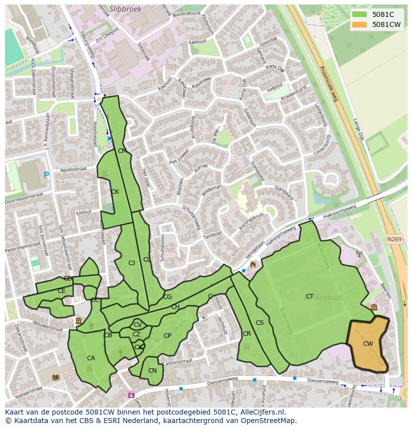 Afbeelding van het postcodegebied 5081 CW op de kaart.