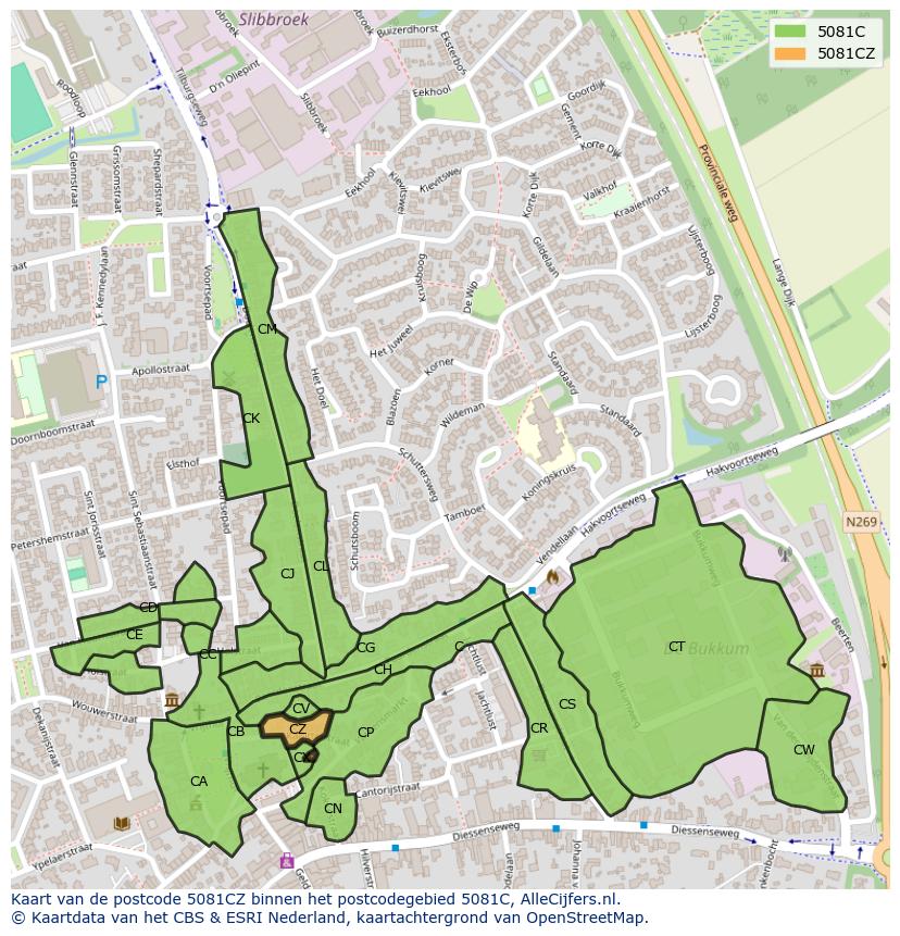 Afbeelding van het postcodegebied 5081 CZ op de kaart.