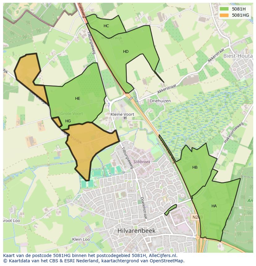 Afbeelding van het postcodegebied 5081 HG op de kaart.