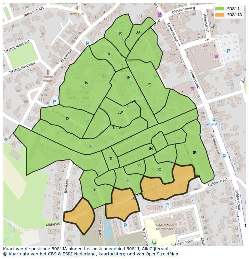 Afbeelding van het postcodegebied 5081 JA op de kaart.