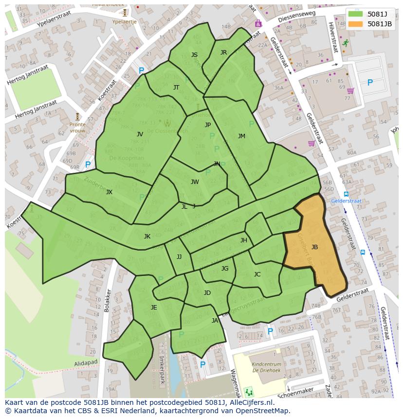 Afbeelding van het postcodegebied 5081 JB op de kaart.