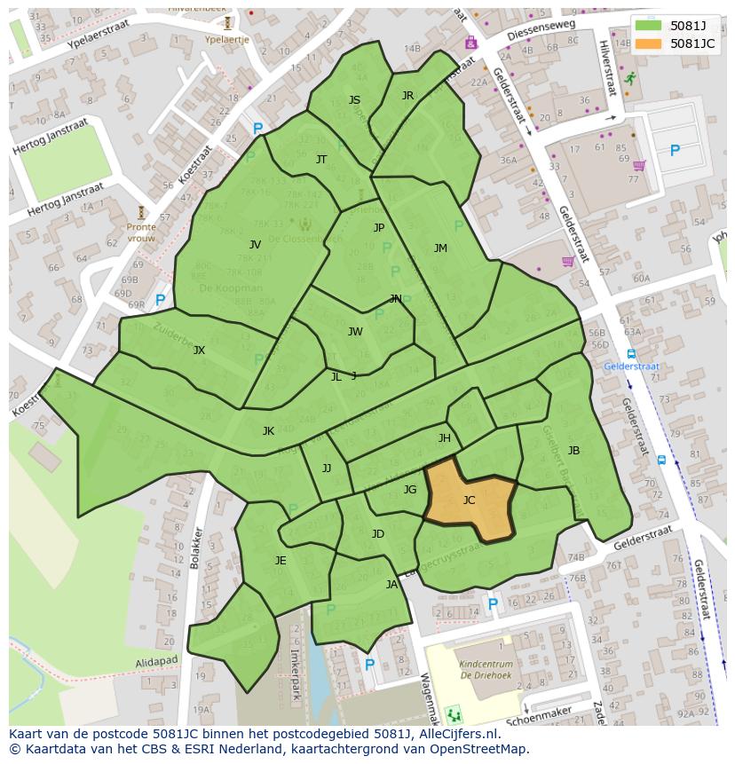 Afbeelding van het postcodegebied 5081 JC op de kaart.