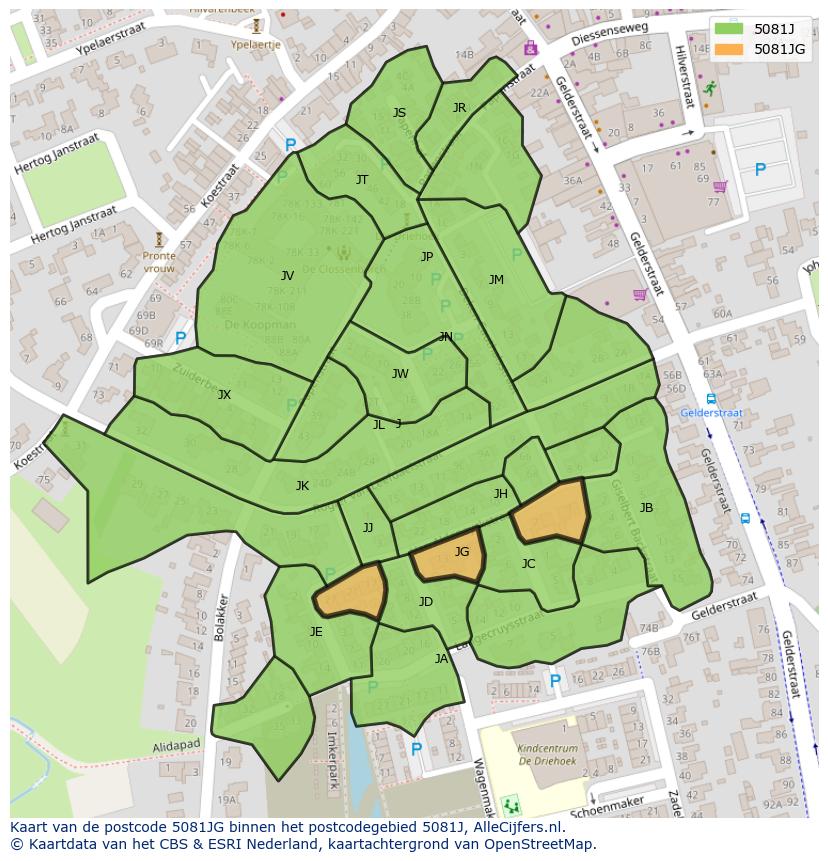 Afbeelding van het postcodegebied 5081 JG op de kaart.