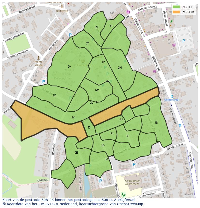Afbeelding van het postcodegebied 5081 JK op de kaart.
