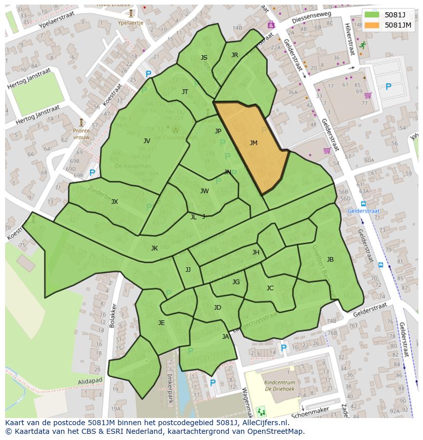 Afbeelding van het postcodegebied 5081 JM op de kaart.