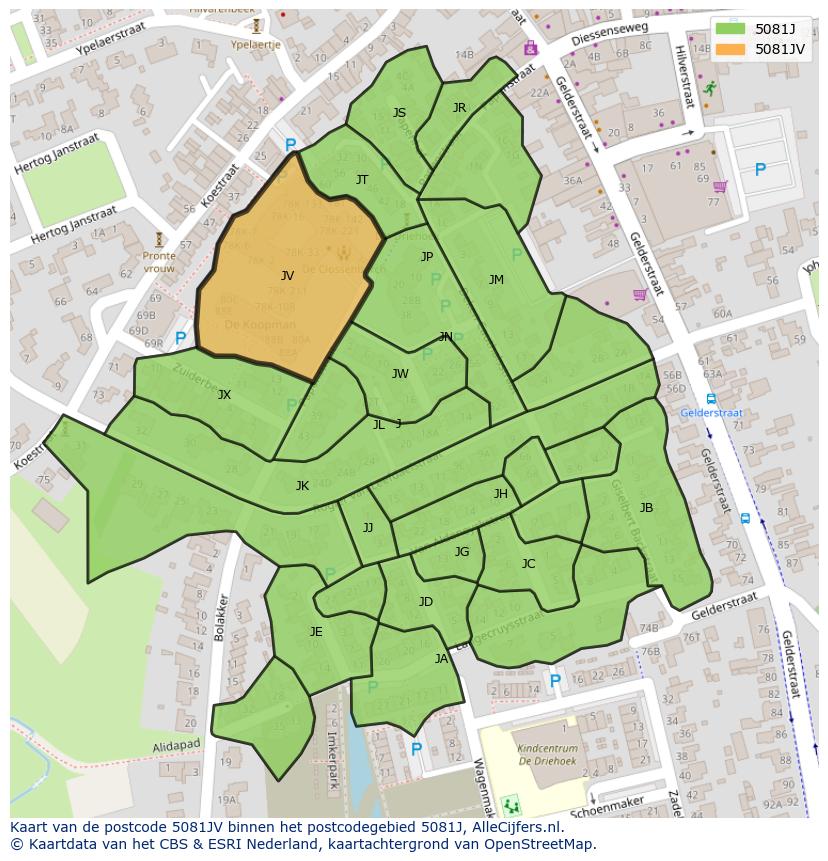 Afbeelding van het postcodegebied 5081 JV op de kaart.