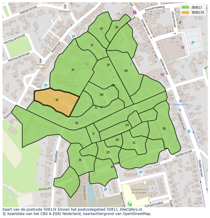 Afbeelding van het postcodegebied 5081 JX op de kaart.