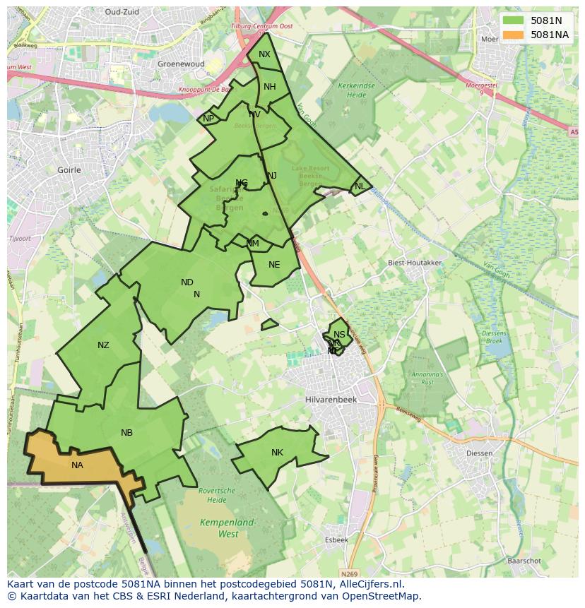 Afbeelding van het postcodegebied 5081 NA op de kaart.