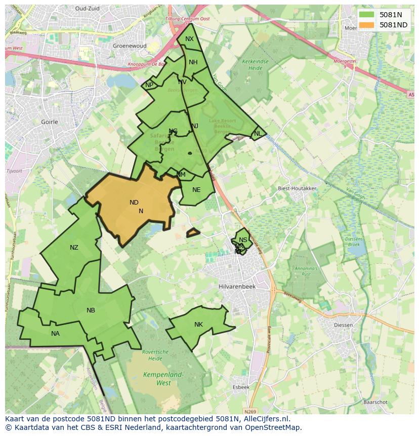Afbeelding van het postcodegebied 5081 ND op de kaart.