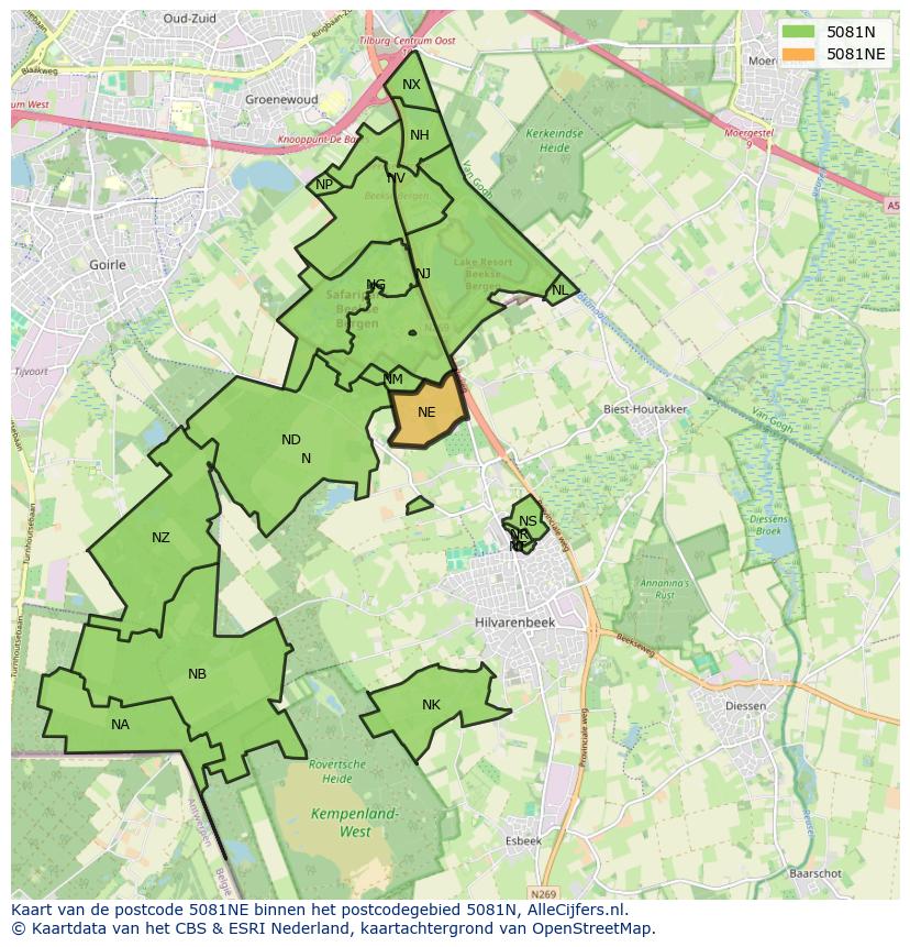 Afbeelding van het postcodegebied 5081 NE op de kaart.