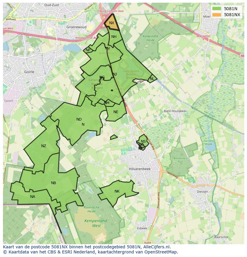 Afbeelding van het postcodegebied 5081 NX op de kaart.