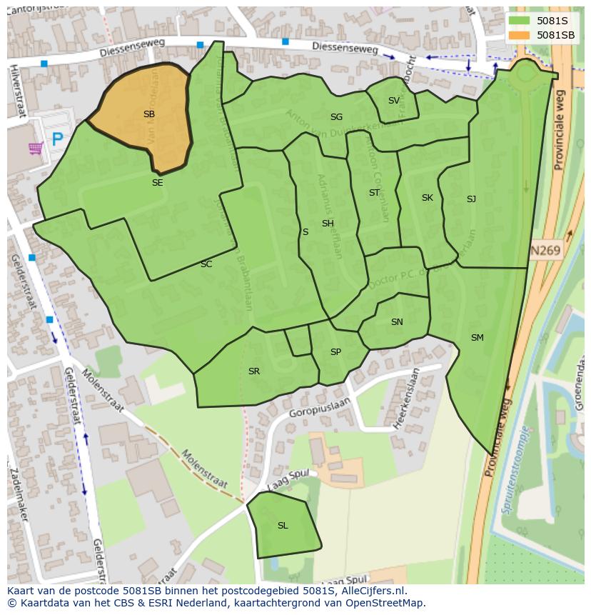 Afbeelding van het postcodegebied 5081 SB op de kaart.